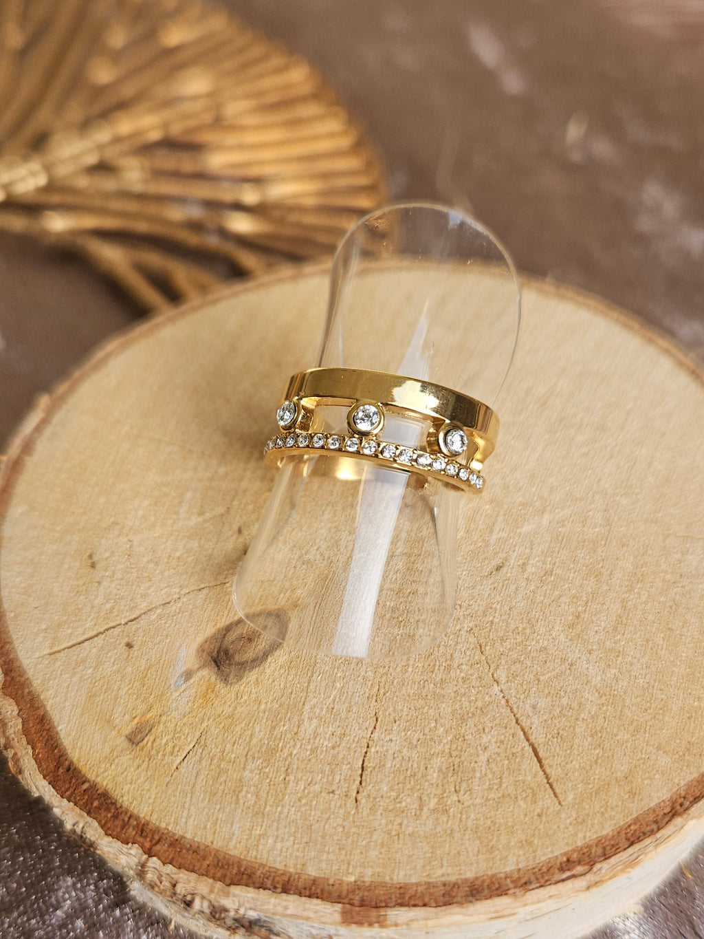 Anillo Acero triple piedra strass