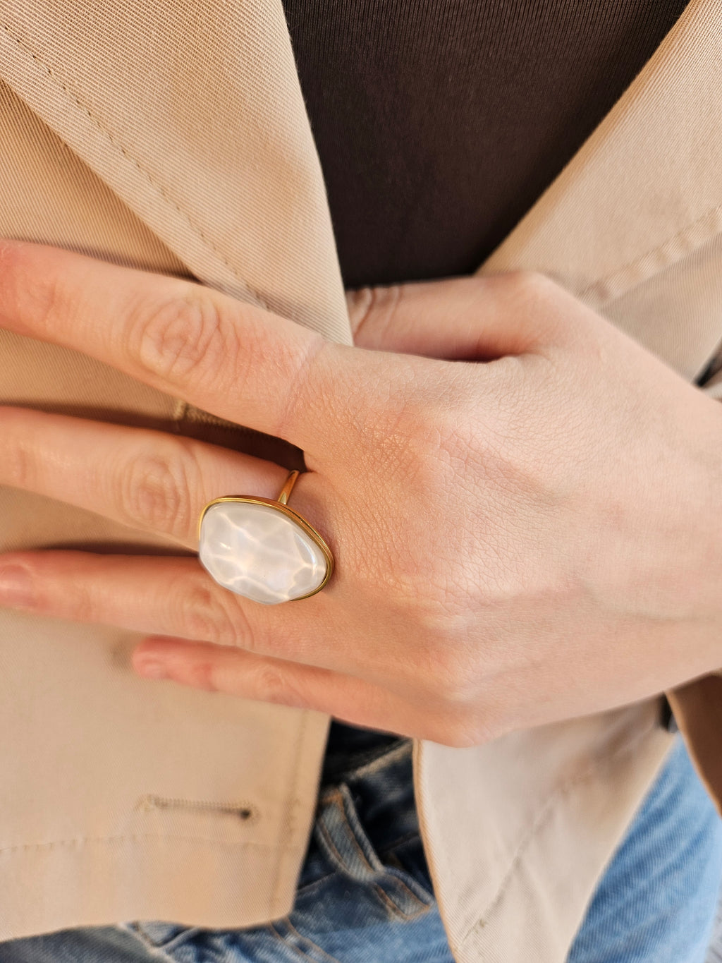 Anillo Acero Piedra Blanca
