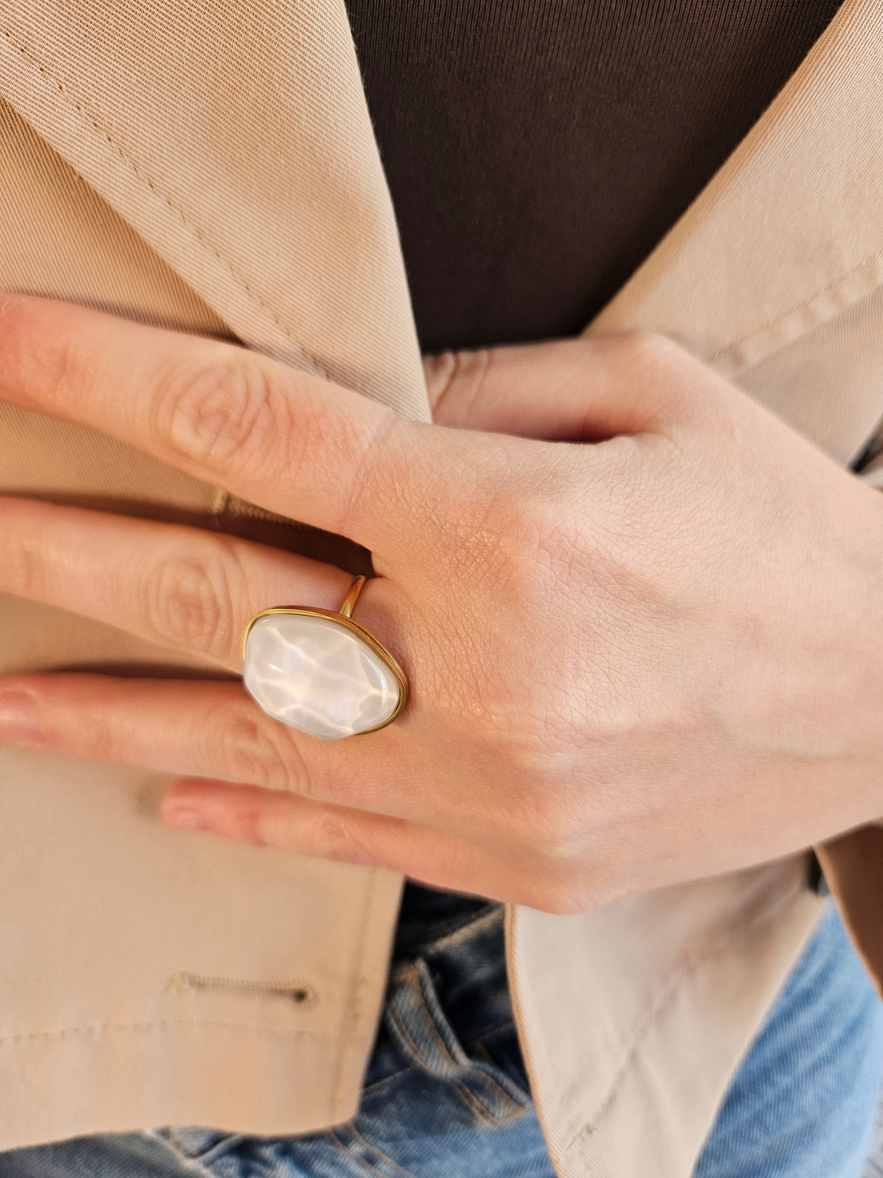 Anillo Acero Piedra Blanca