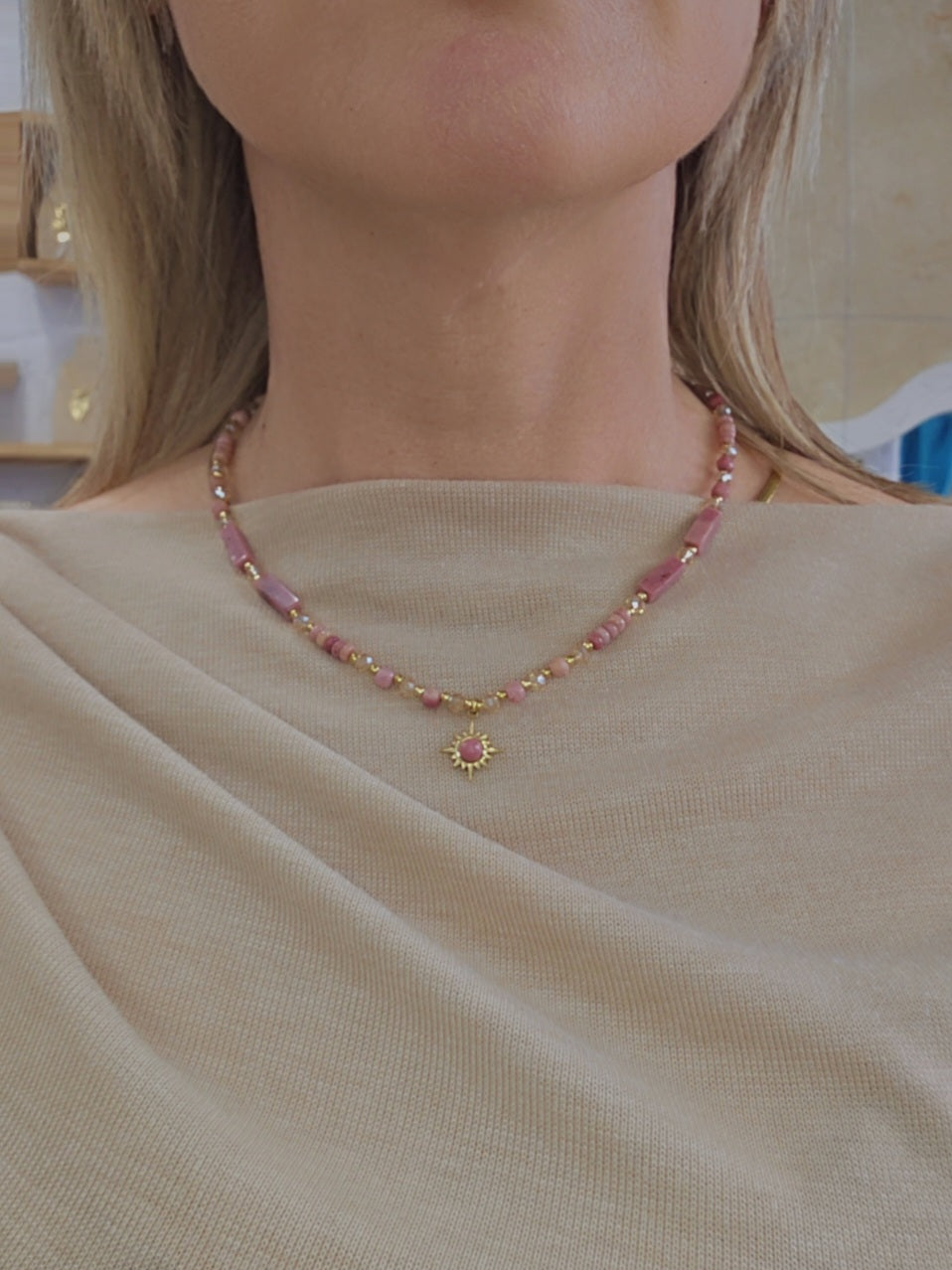 Collar Acero Minerales Rosa